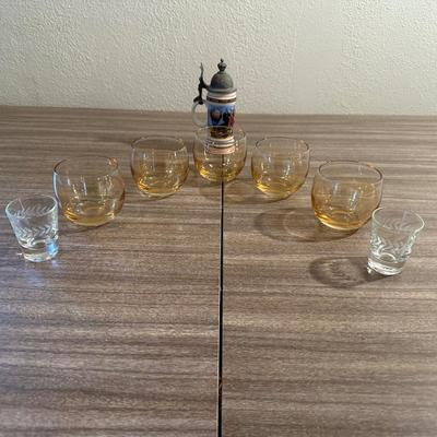 COORS, FORT BENNING & IRISH ASHTRAYS, SMALLER STEIN, SHOT GLASSES AND DRINKING GLASES