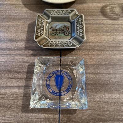 COORS, FORT BENNING & IRISH ASHTRAYS, SMALLER STEIN, SHOT GLASSES AND DRINKING GLASES