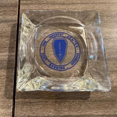 COORS, FORT BENNING & IRISH ASHTRAYS, SMALLER STEIN, SHOT GLASSES AND DRINKING GLASES