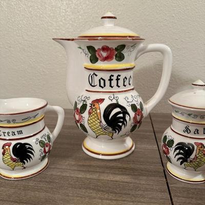 1912 ROYAL ROCHESTER ENAMEL PERCOLATOR AND CERAMIC TEAPOT, CREAMER AND SHAKERS