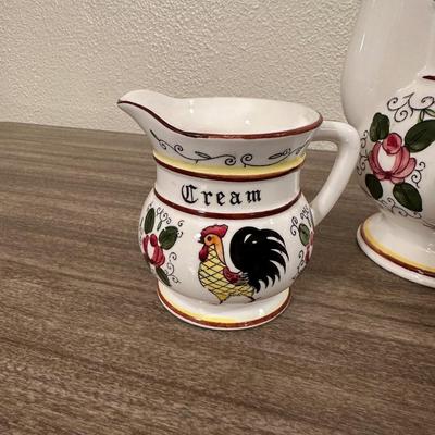 1912 ROYAL ROCHESTER ENAMEL PERCOLATOR AND CERAMIC TEAPOT, CREAMER AND SHAKERS