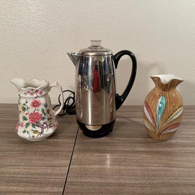 FARBERWARE PERCOLATOR AND 2 PITCHERS FROM ITALY AND ENGLAND