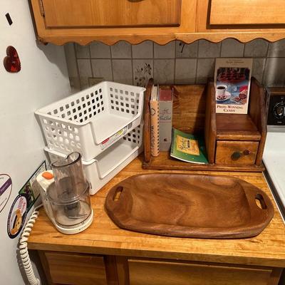 SMALL FOOD PROCESSOR, WOODEN PLATTER COOKBOOKS AND ORGANIZERS