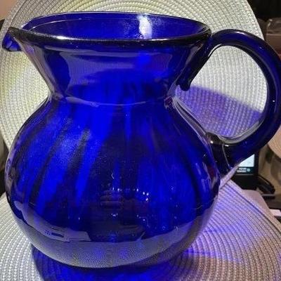 Vintage Large Hand-Blown Cobalt Blue Swirl Art Glass Pitcher 9" Tall Gallon Size in VG Preowned Condition.