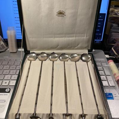 6 Vintage Japanese Tall Bamboo Solid .950 Sterling Silver Iced Tea 8.25" Spoons in a Box as Pictured. (Approx 4.13 Ounces TW).