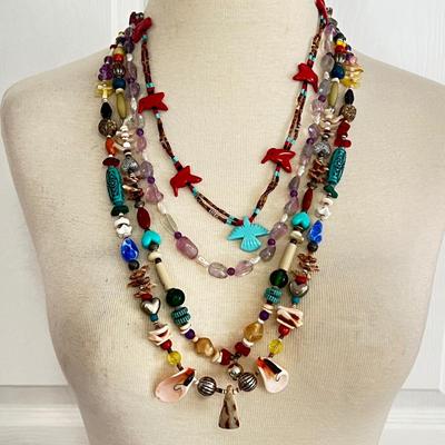 Necklace Lot - Turquoise, Amber, Red Coral, Pearl
