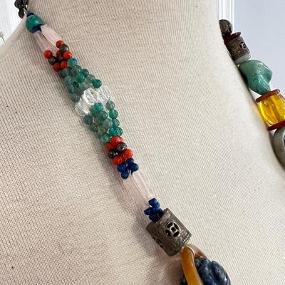 Large Carved Statement Necklace - Amber, Turquoise, Jade