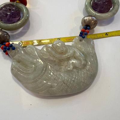 Large Carved Statement Necklace - Amber, Turquoise, Jade