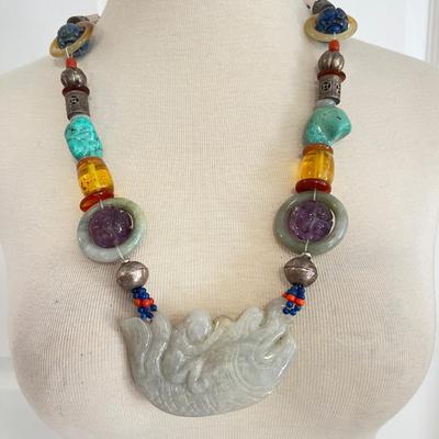 Large Carved Statement Necklace - Amber, Turquoise, Jade