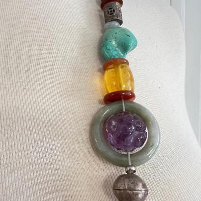 Large Carved Statement Necklace - Amber, Turquoise, Jade