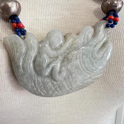 Large Carved Statement Necklace - Amber, Turquoise, Jade