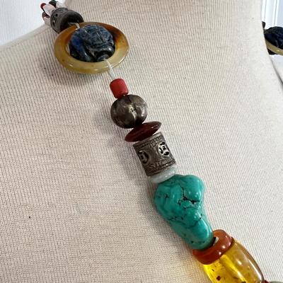 Large Carved Statement Necklace - Amber, Turquoise, Jade