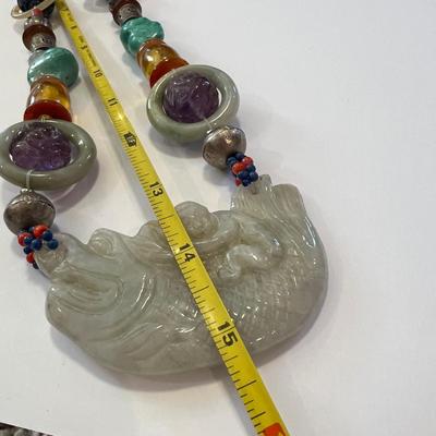 Large Carved Statement Necklace - Amber, Turquoise, Jade