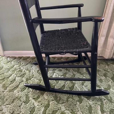LADDER BACK ROCKING CHAIR, SIDE TABLE WITH DRAWER AND A TABLE LAMP
