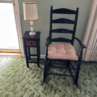 LADDER BACK ROCKING CHAIR, SIDE TABLE WITH DRAWER AND A TABLE LAMP