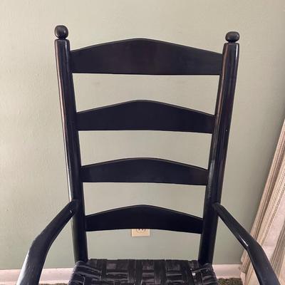 LADDER BACK ROCKING CHAIR, SIDE TABLE WITH DRAWER AND A TABLE LAMP