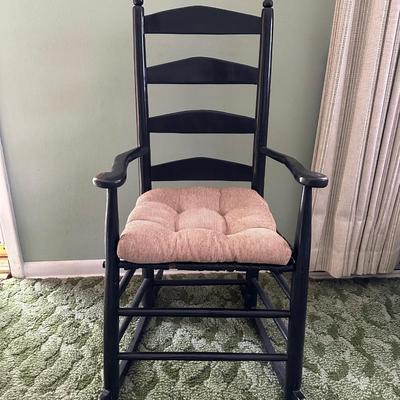 LADDER BACK ROCKING CHAIR, SIDE TABLE WITH DRAWER AND A TABLE LAMP