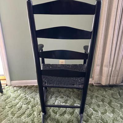 LADDER BACK ROCKING CHAIR, SIDE TABLE WITH DRAWER AND A TABLE LAMP