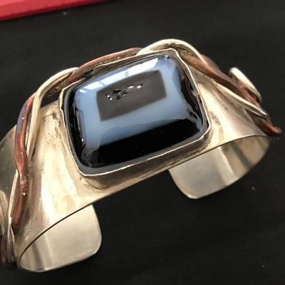 925 silver cuff with copper accent, black agate
