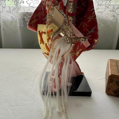 ASIAN THEMED DOLL, WOODEN TRICK BOX AND LETTER OPENER