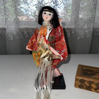 ASIAN THEMED DOLL, WOODEN TRICK BOX AND LETTER OPENER