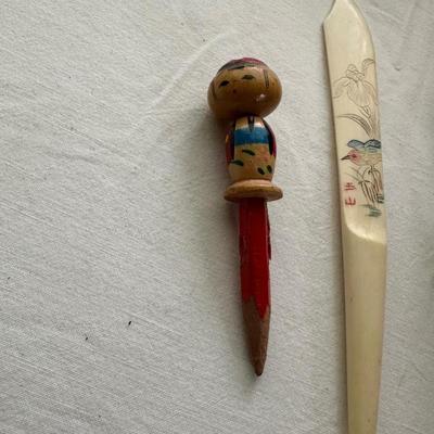 ASIAN THEMED DOLL, WOODEN TRICK BOX AND LETTER OPENER