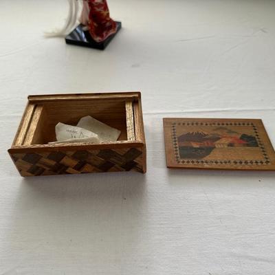ASIAN THEMED DOLL, WOODEN TRICK BOX AND LETTER OPENER