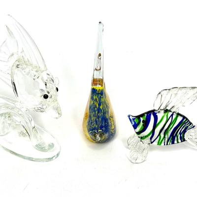 Fish Figurine Lot - Blown Glass, Crystal, Pottery, Stone
