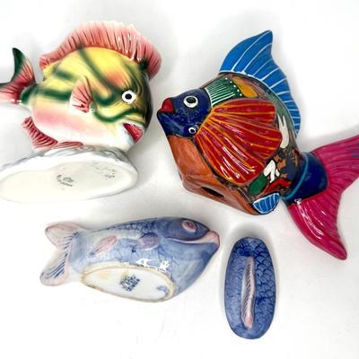 Fish Figurine Lot - Blown Glass, Crystal, Pottery, Stone