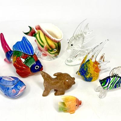 Fish Figurine Lot - Blown Glass, Crystal, Pottery, Stone
