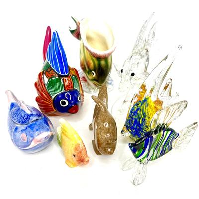 Fish Figurine Lot - Blown Glass, Crystal, Pottery, Stone
