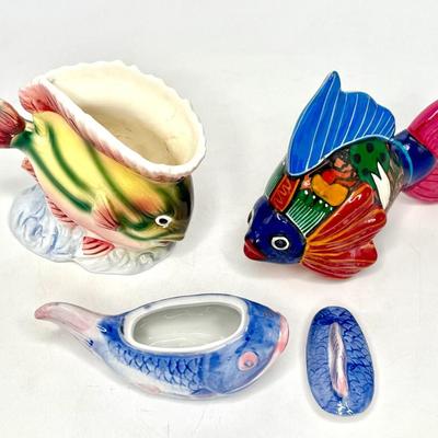 Fish Figurine Lot - Blown Glass, Crystal, Pottery, Stone