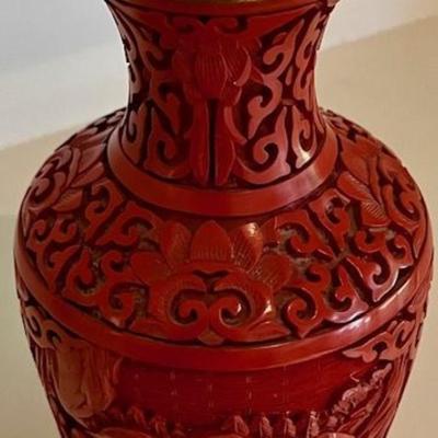 Vintage Red Chinese Cinnabar Vase With Blue Enamel