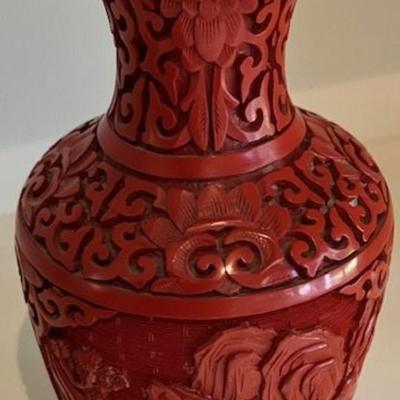 Vintage Red Chinese Cinnabar Vase With Blue Enamel