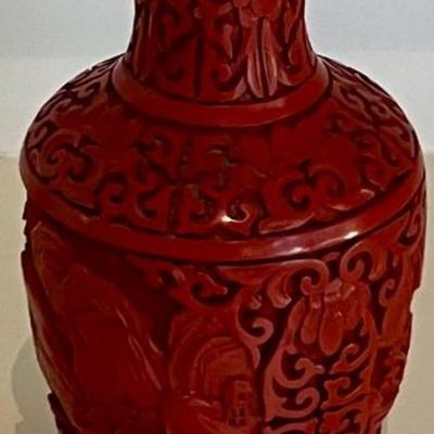 Vintage Red Chinese Cinnabar Vase With Blue Enamel