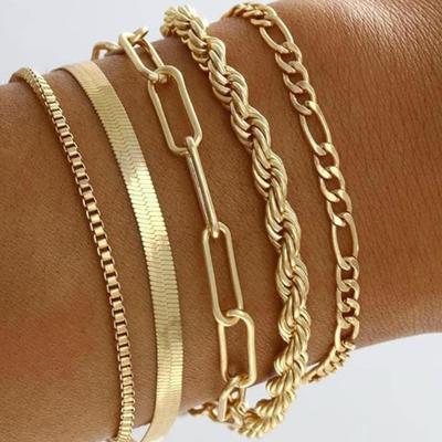 5-Pack Gold Bracelet Set Stackable Gold Bracelet Set for Women Layered Cuban Link Paperclip Chain Waterproof Chain Bracelets