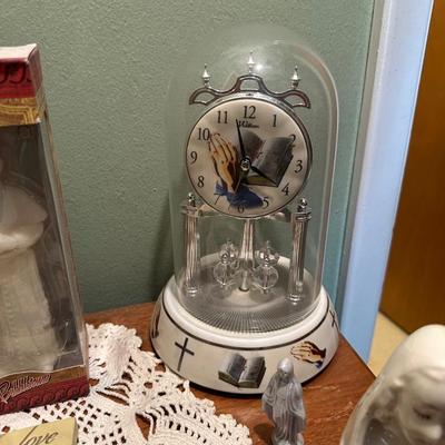 2 TIER SIDE TABLE, WALTHAM ANNIVERSARY CLOCK AND OTHER RELIGIOUS DECOR