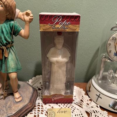 2 TIER SIDE TABLE, WALTHAM ANNIVERSARY CLOCK AND OTHER RELIGIOUS DECOR