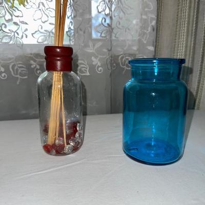 WELLER VASE, BLUE GLASS CONTAINERS AND MORE