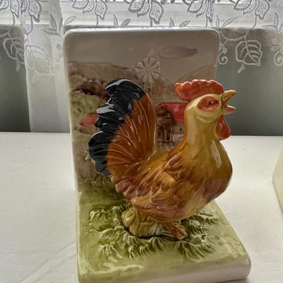 ROOSTER AND HEN HAND-PAINTED BOOK ENDS, SW THROW BLANKET & DOWNE BURNS PICTURE TILE