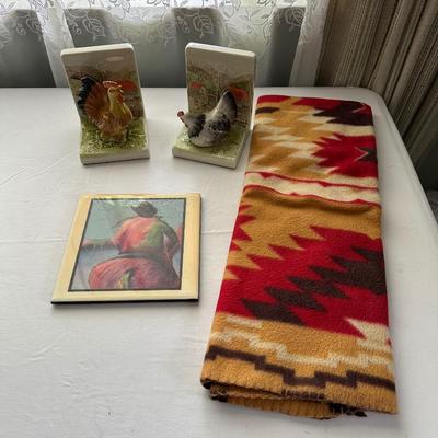 ROOSTER AND HEN HAND-PAINTED BOOK ENDS, SW THROW BLANKET & DOWNE BURNS PICTURE TILE