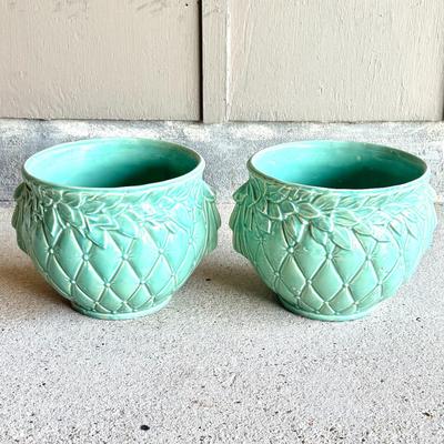 Vintage Set of 2 Green McCoy Quilted Pottery Planters