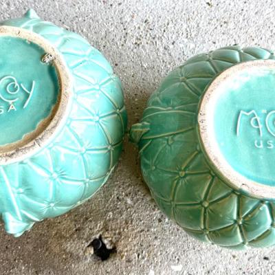 Vintage Set of 2 Green McCoy Quilted Pottery Planters