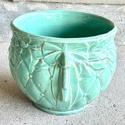 Vintage Set of 2 Green McCoy Quilted Pottery Planters