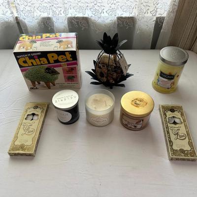 VARIETY OF CANDLES AND A CHIA PET