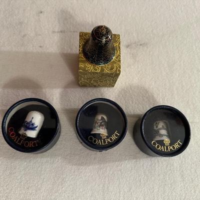 COALPORT THIMBLES AND AN ENAMEL BELL