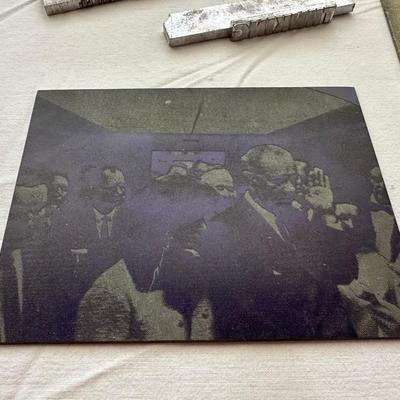 PRINTING PLATE OF JACKIE KENNEDY AND LYNDON B. JOHNSON, VINTAGE PRINTING PRESS BLOCKS FOR ADVERTISING AND 2 PRINTING PLATES