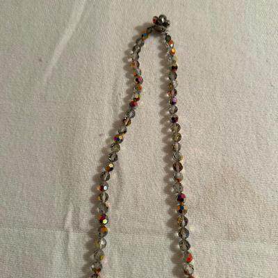 VINTAGE GLASS BEADED AURORA BOREALIS NECKLACE AND PIN