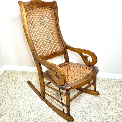 Antique Solid Wood Cane Seat Rocking Chair