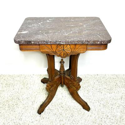 Antique Eastlake Walnut Parlor Table with Marble Top